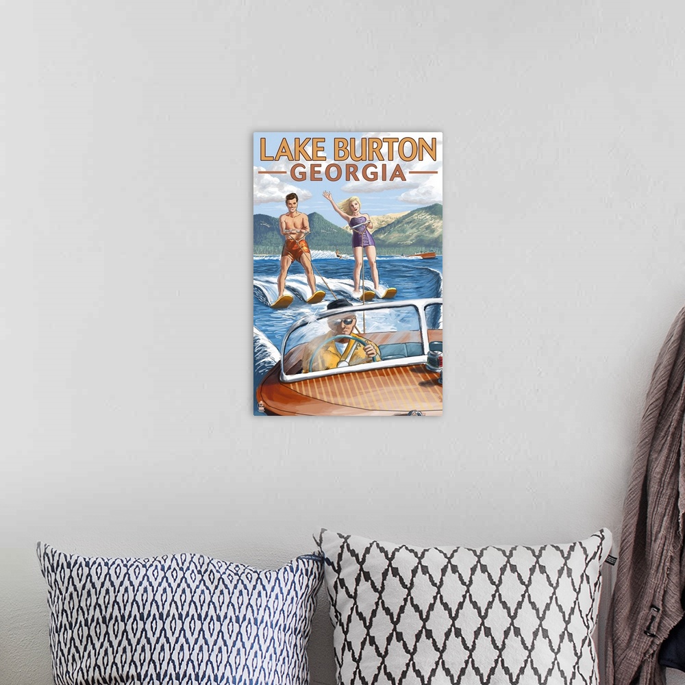 A bohemian room featuring Retro stylized art poster of a happy couple waterskiing. Being pulled by a wooden speed boat.