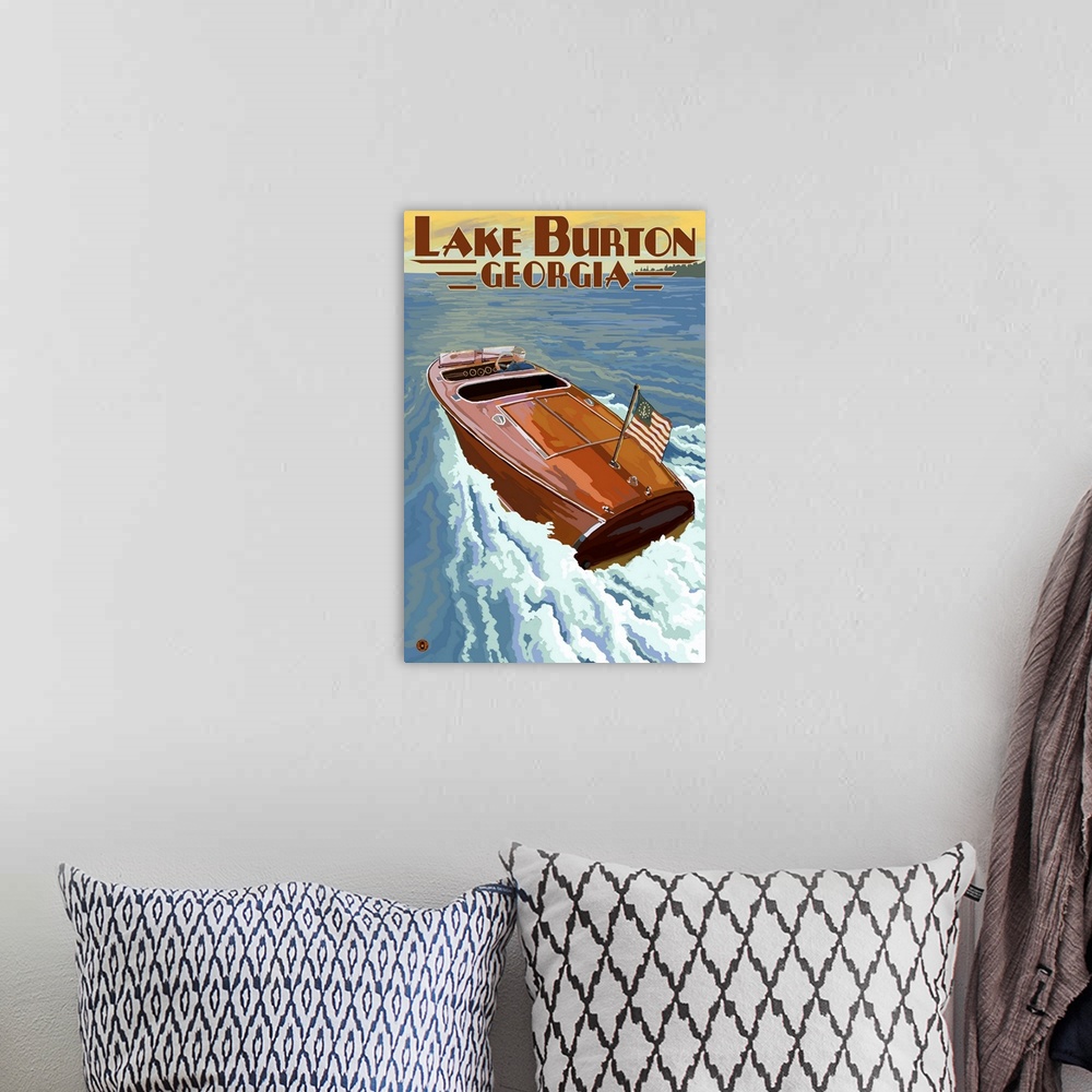 A bohemian room featuring Retro stylized art poster of a wooden speed boat on the water.