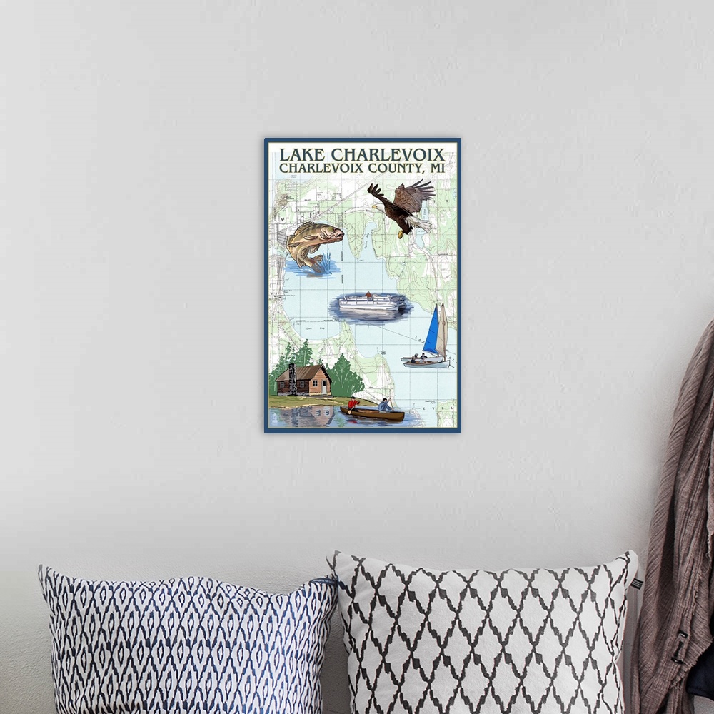 A bohemian room featuring Lake Charlevoix, Michigan - Nautical Chart: Retro Travel Poster