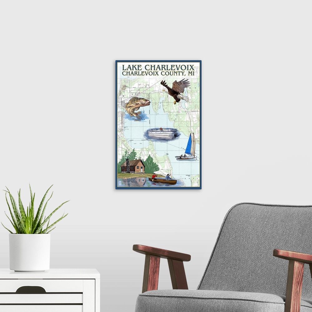 A modern room featuring Lake Charlevoix, Michigan - Nautical Chart: Retro Travel Poster