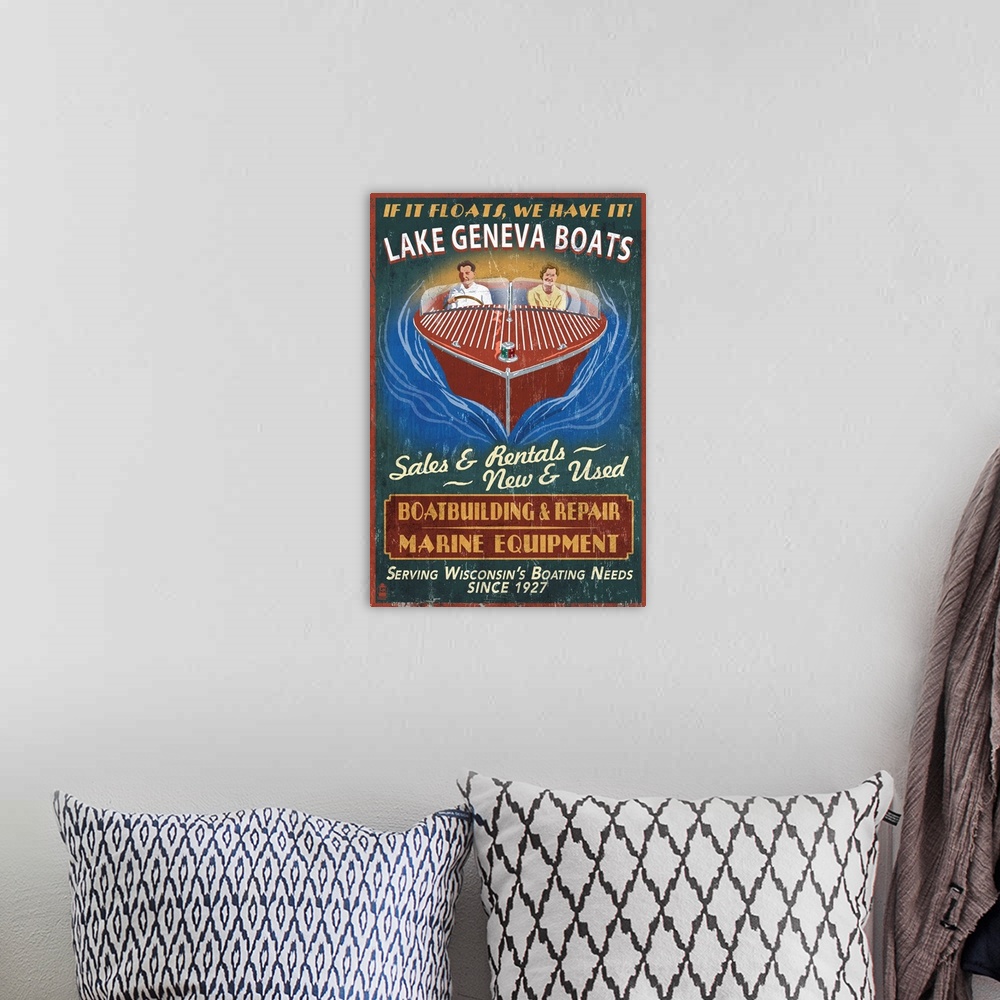 A bohemian room featuring Lake Geneva, Wisconsin - Boat Shop Vintage Sign: Retro Travel Poster