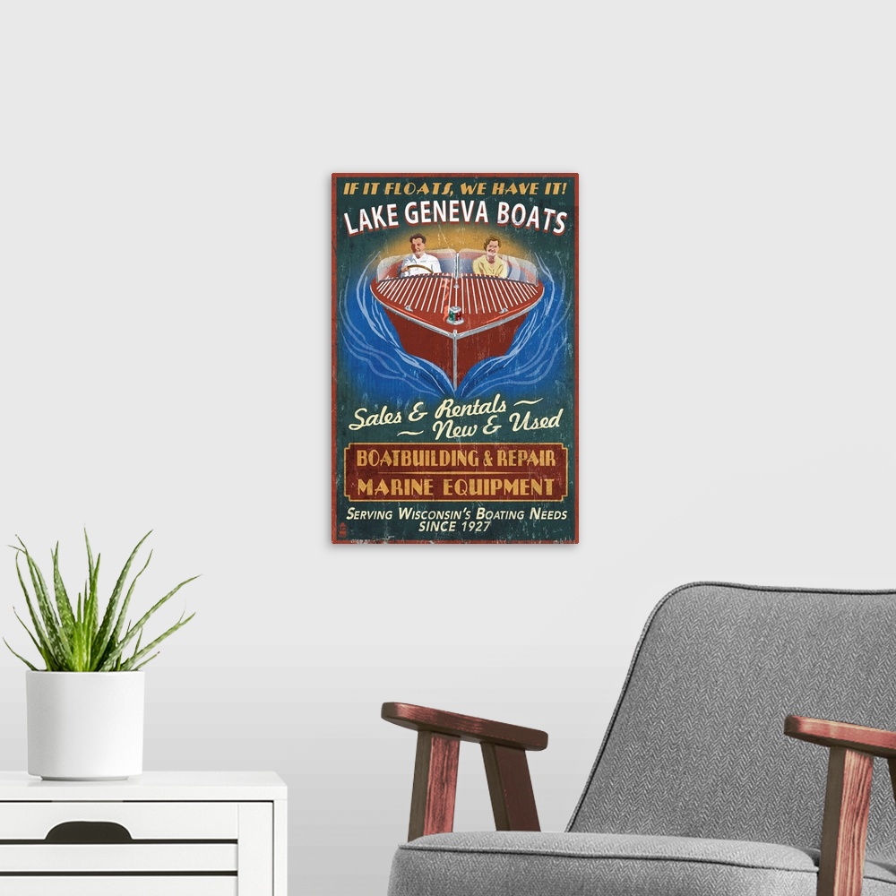 A modern room featuring Lake Geneva, Wisconsin - Boat Shop Vintage Sign: Retro Travel Poster