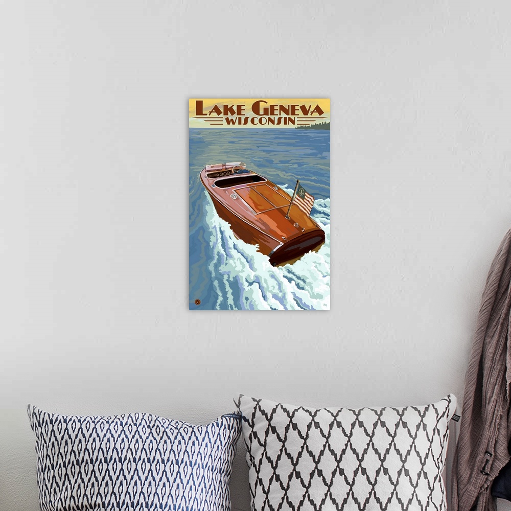 A bohemian room featuring Lake Geneva, Wisconsin - Chris Craft Wooden Boat: Retro Travel Poster
