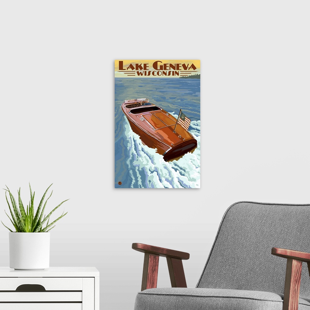 A modern room featuring Lake Geneva, Wisconsin - Chris Craft Wooden Boat: Retro Travel Poster