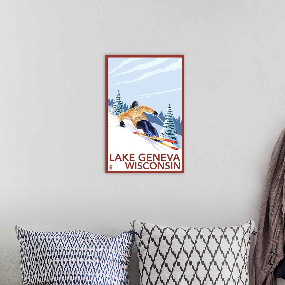 A bohemian room featuring Lake Geneva, Wisconsin - Downhill Skier: Retro Travel Poster