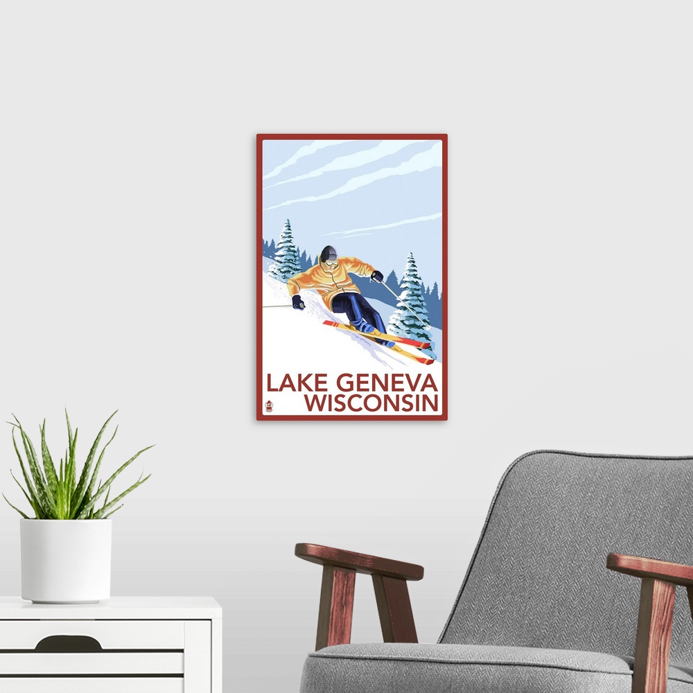 A modern room featuring Lake Geneva, Wisconsin - Downhill Skier: Retro Travel Poster