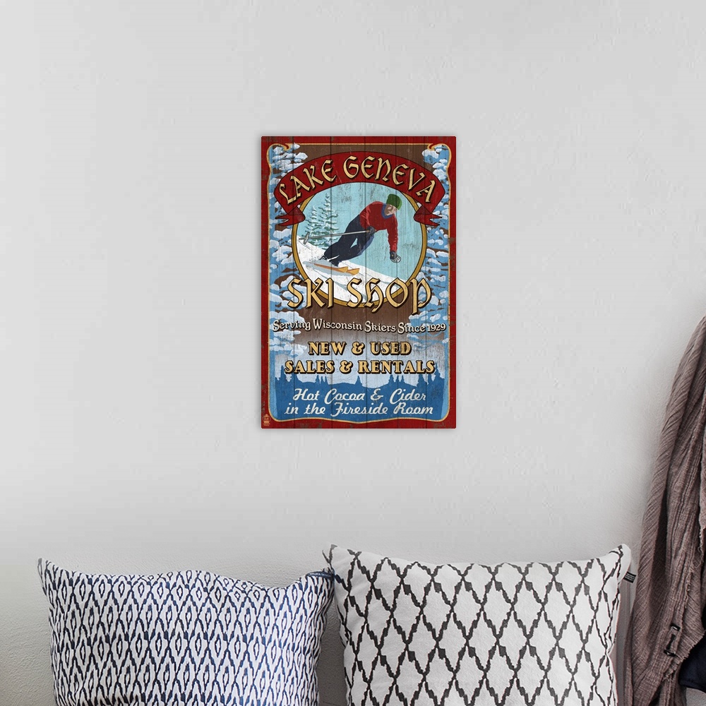 A bohemian room featuring Lake Geneva, Wisconsin - Ski Shop Vintage Sign: Retro Travel Poster