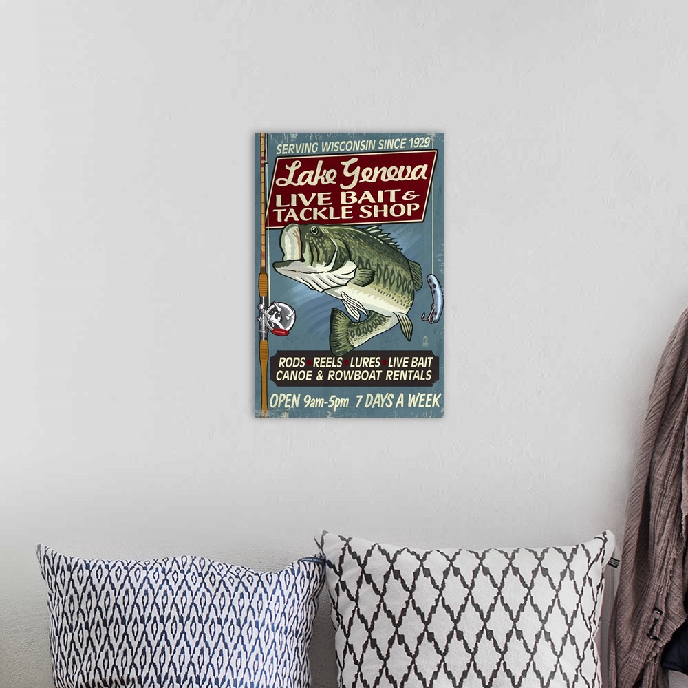 A bohemian room featuring Lake Geneva, Wisconsin - Tackle Shop Bass Vintage Sign: Retro Travel Poster