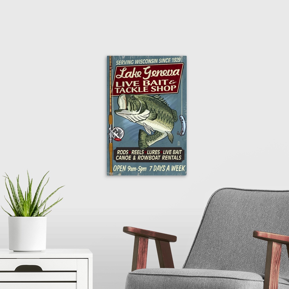 A modern room featuring Lake Geneva, Wisconsin - Tackle Shop Bass Vintage Sign: Retro Travel Poster
