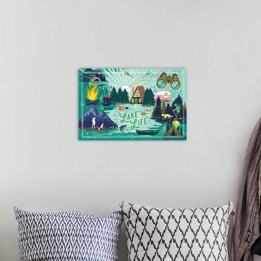 A bohemian room featuring Lake Life Series - Collage - Landscape With Mountain