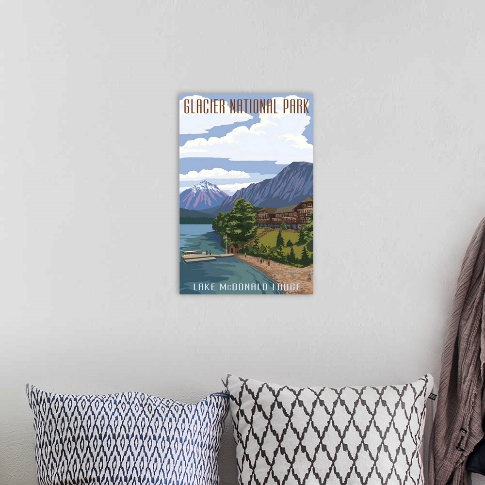 A bohemian room featuring Lake McDonald Lodge - Glacier National Park, Montana: Retro Travel Poster