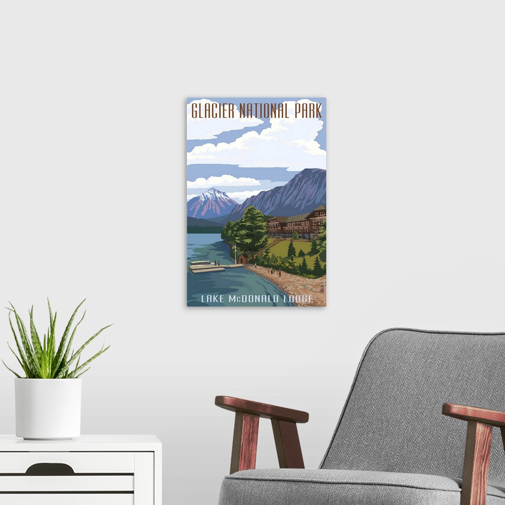 A modern room featuring Lake McDonald Lodge - Glacier National Park, Montana: Retro Travel Poster