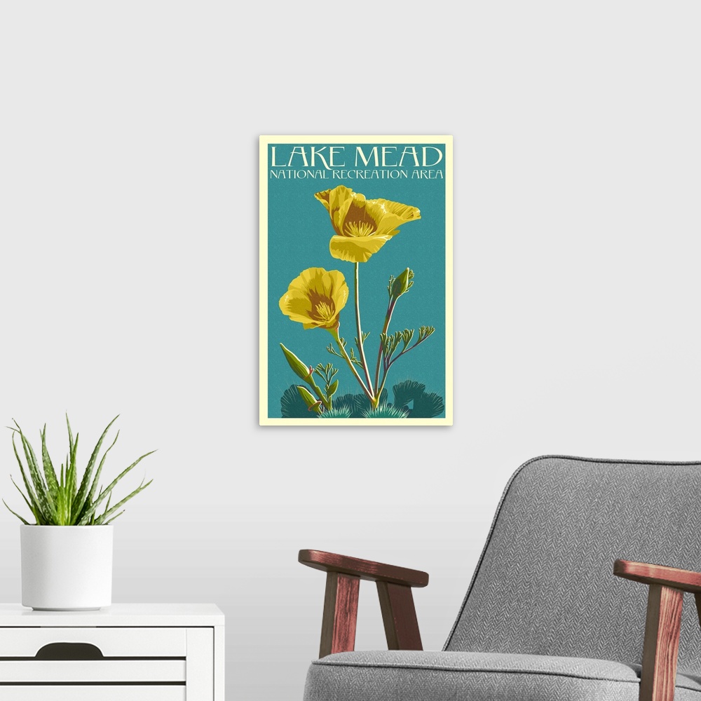 A modern room featuring Lake Mead - National Recreation Area - Bear Paw Poppy - Letterpress - Lantern Press Poster