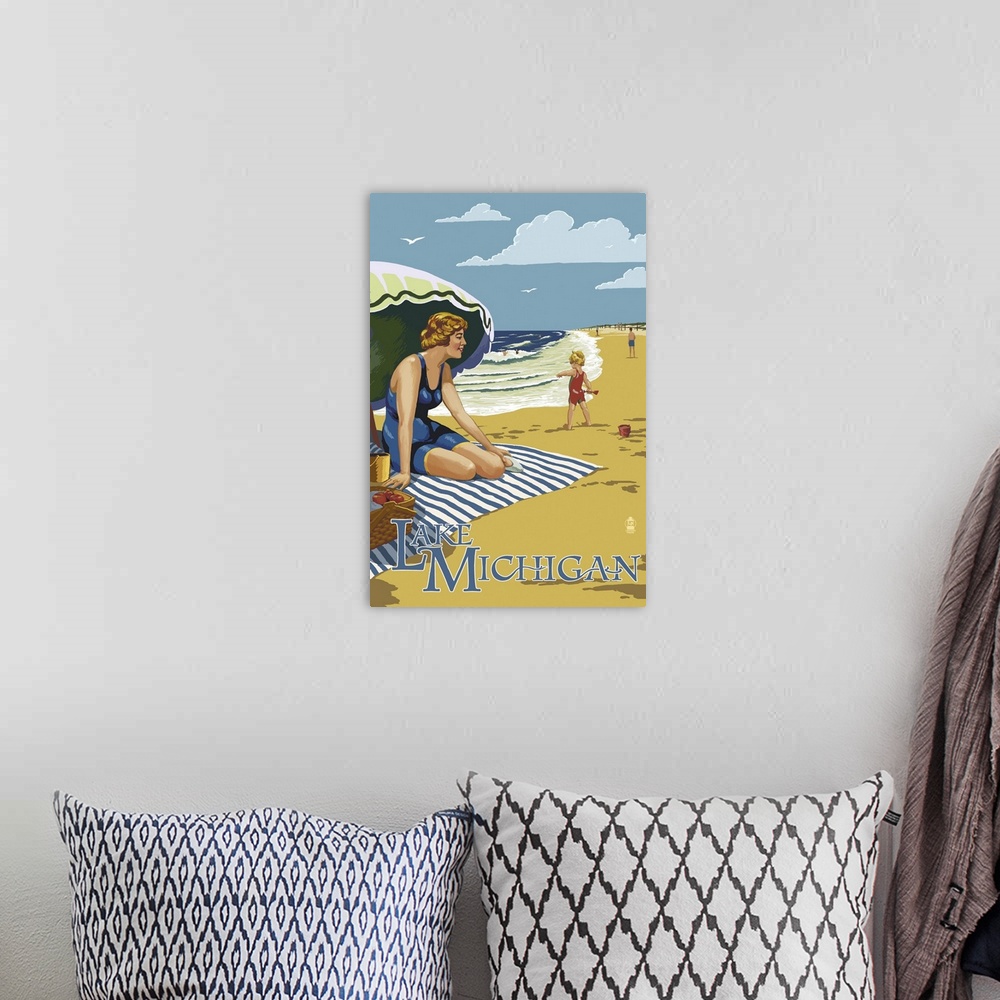 A bohemian room featuring Retro stylized art poster of a woman sitting on a blanket under an umbrella on the beach.
