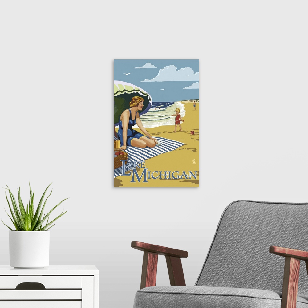 A modern room featuring Retro stylized art poster of a woman sitting on a blanket under an umbrella on the beach.