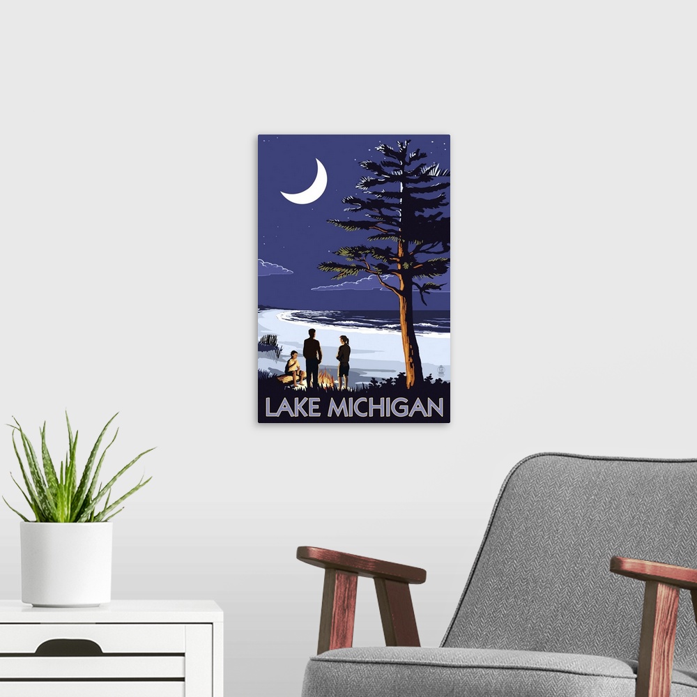 A modern room featuring Retro stylized art poster of people on a beach at night, with large crescent moon in the sky.