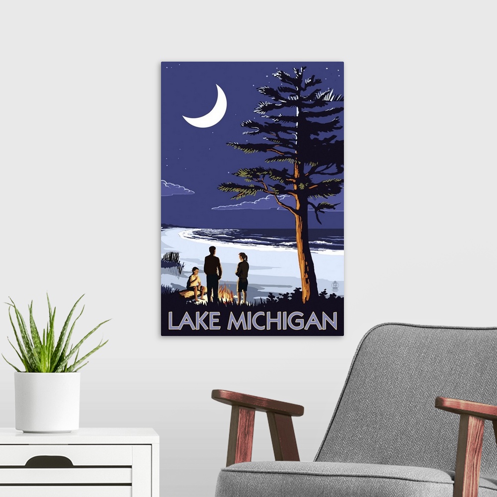 A modern room featuring Retro stylized art poster of people on a beach at night, with large crescent moon in the sky.