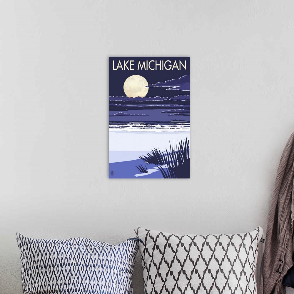 A bohemian room featuring Retro stylized art poster of a deserted beach at night with a large full moon over the ocean.