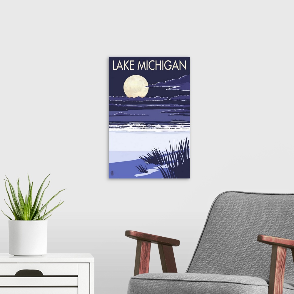 A modern room featuring Retro stylized art poster of a deserted beach at night with a large full moon over the ocean.