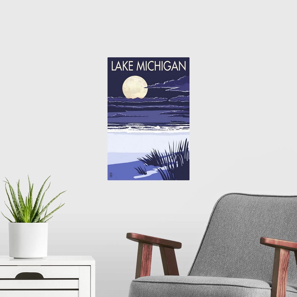 A modern room featuring Retro stylized art poster of a deserted beach at night with a large full moon over the ocean.