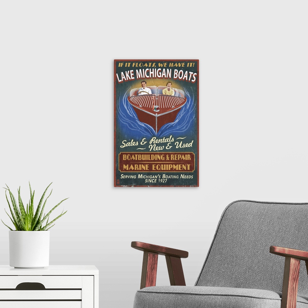 A modern room featuring Retro stylized art poster of a couple driving a speedboat.