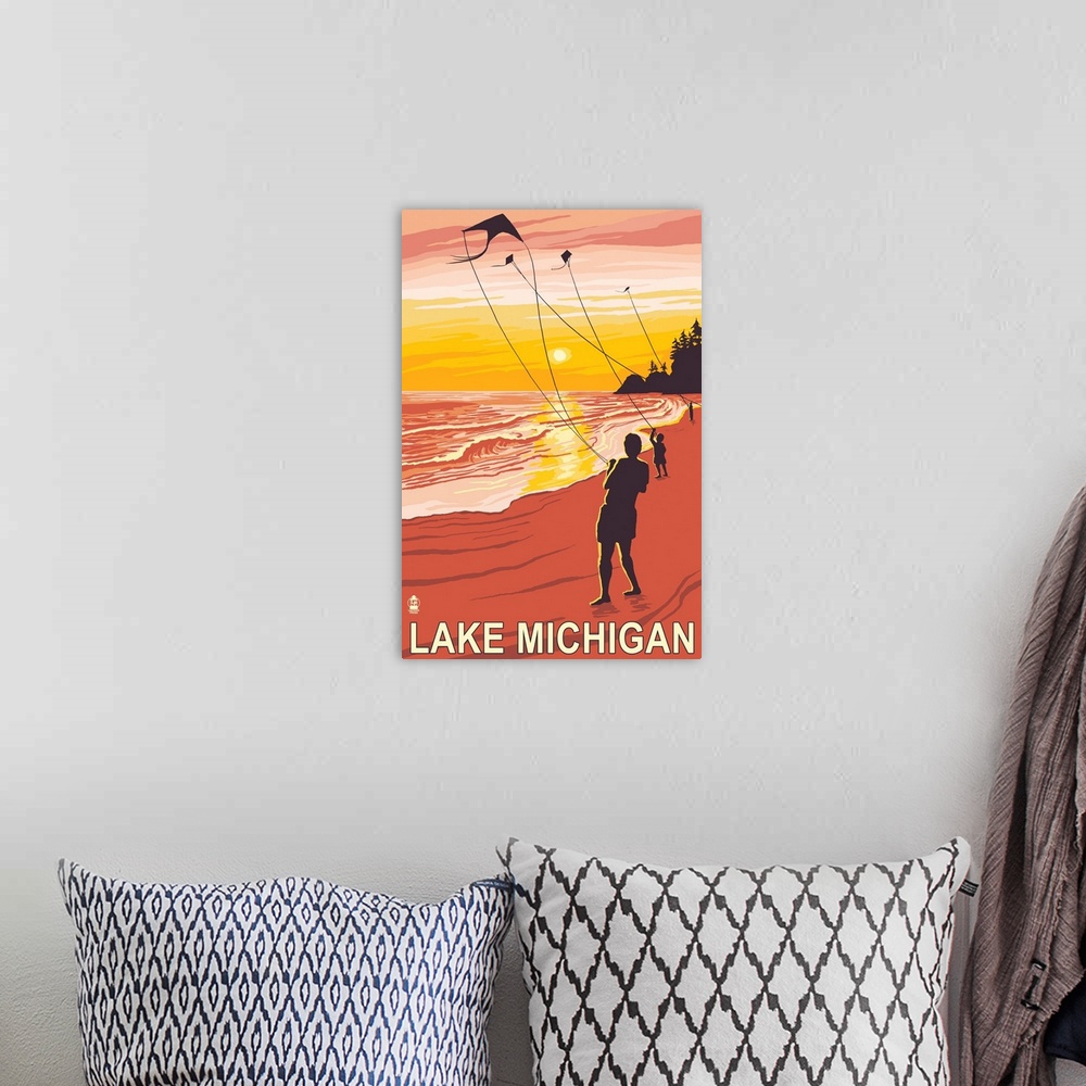A bohemian room featuring Retro stylized art poster of silhouetted people flying kites on the beach at sunset.