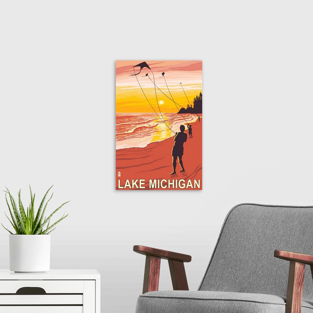 A modern room featuring Retro stylized art poster of silhouetted people flying kites on the beach at sunset.