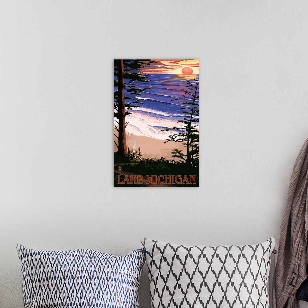 A bohemian room featuring Retro stylized art poster of a sun setting over a crystal blue ocean. Viewed through a dense forest.