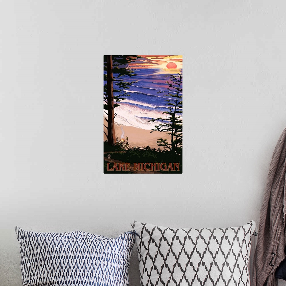 A bohemian room featuring Retro stylized art poster of a sun setting over a crystal blue ocean. Viewed through a dense forest.