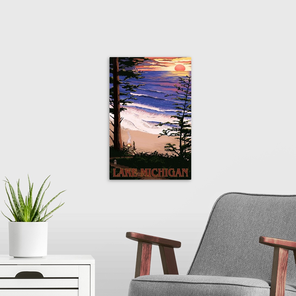 A modern room featuring Retro stylized art poster of a sun setting over a crystal blue ocean. Viewed through a dense forest.