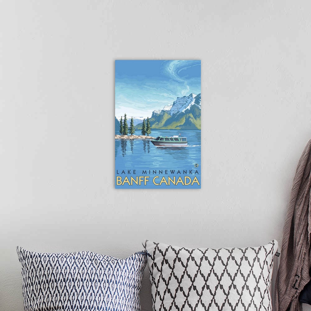 A bohemian room featuring Lake Minnewanka, Banff, Canada: Retro Travel Poster