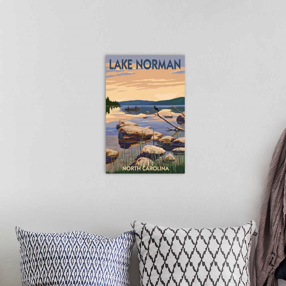 A bohemian room featuring Lake Norman, North Carolina -  Lake Scene and Canoe: Retro Travel Poster