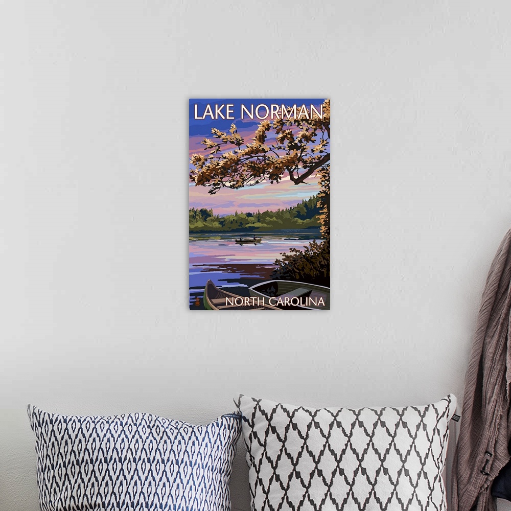 A bohemian room featuring Lake Norman, North Carolina - Lake Scene at Dusk: Retro Travel Poster