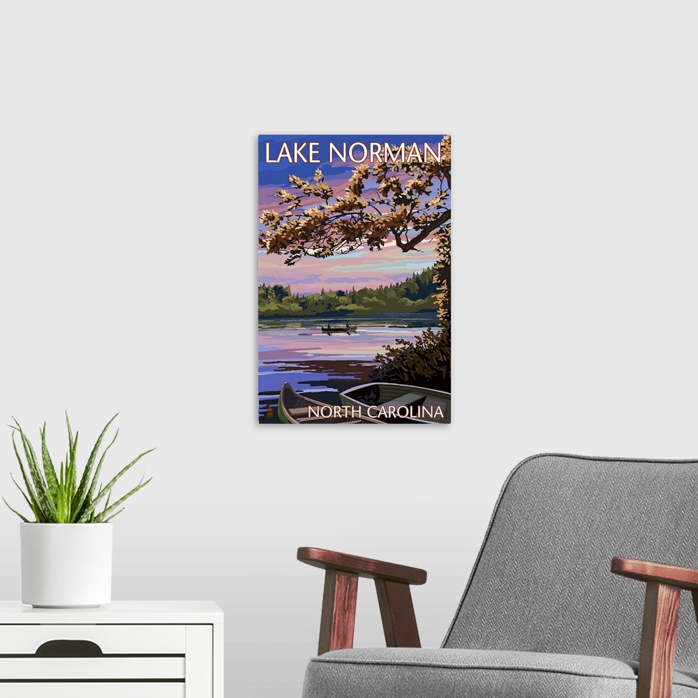 A modern room featuring Lake Norman, North Carolina - Lake Scene at Dusk: Retro Travel Poster