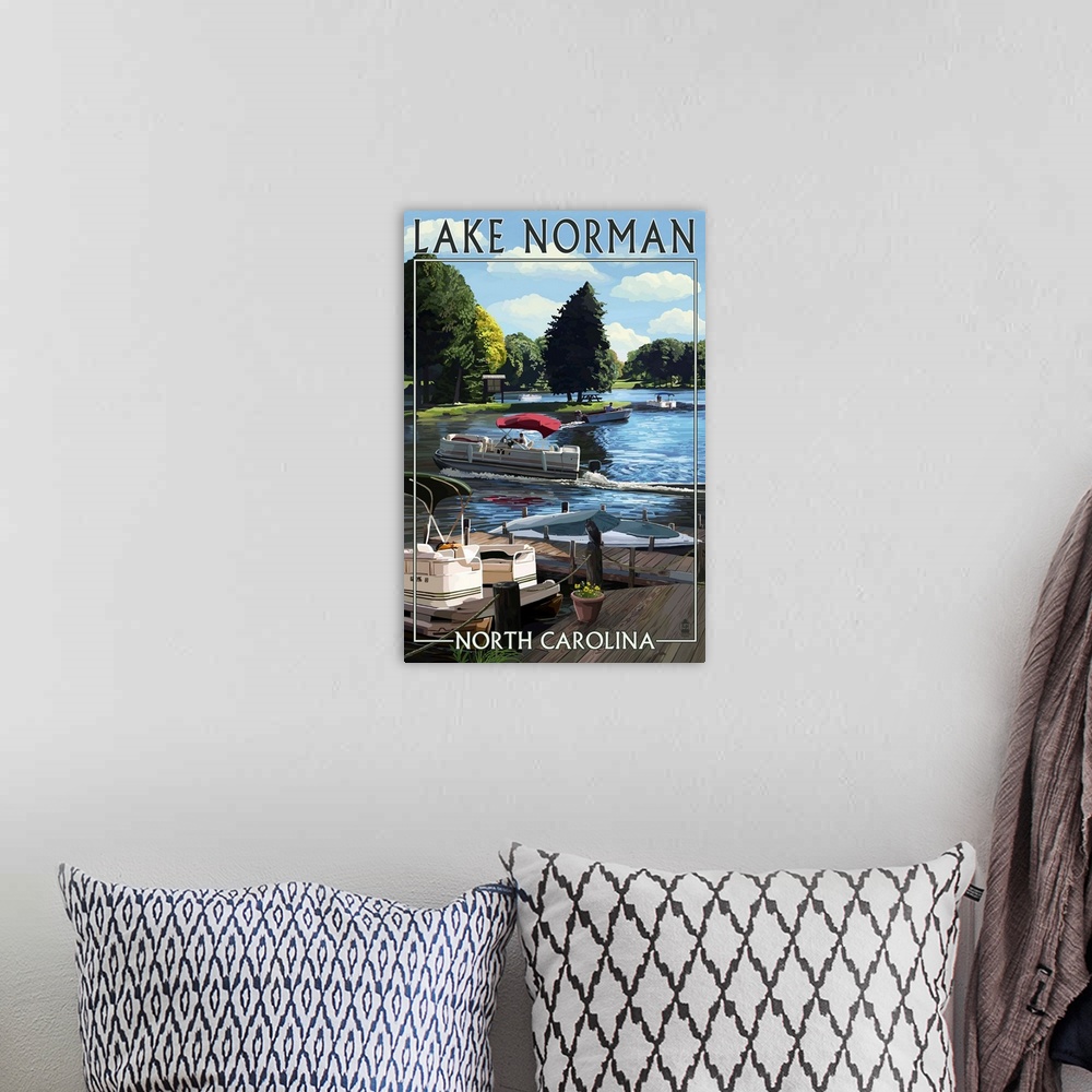 A bohemian room featuring Lake Norman, North Carolina - Pontoon Boats: Retro Travel Poster
