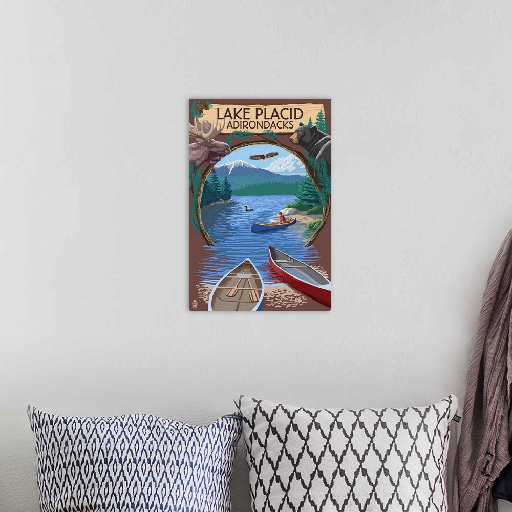 A bohemian room featuring Lake Placid, New York - Adirondacks Canoe Scene: Retro Travel Poster