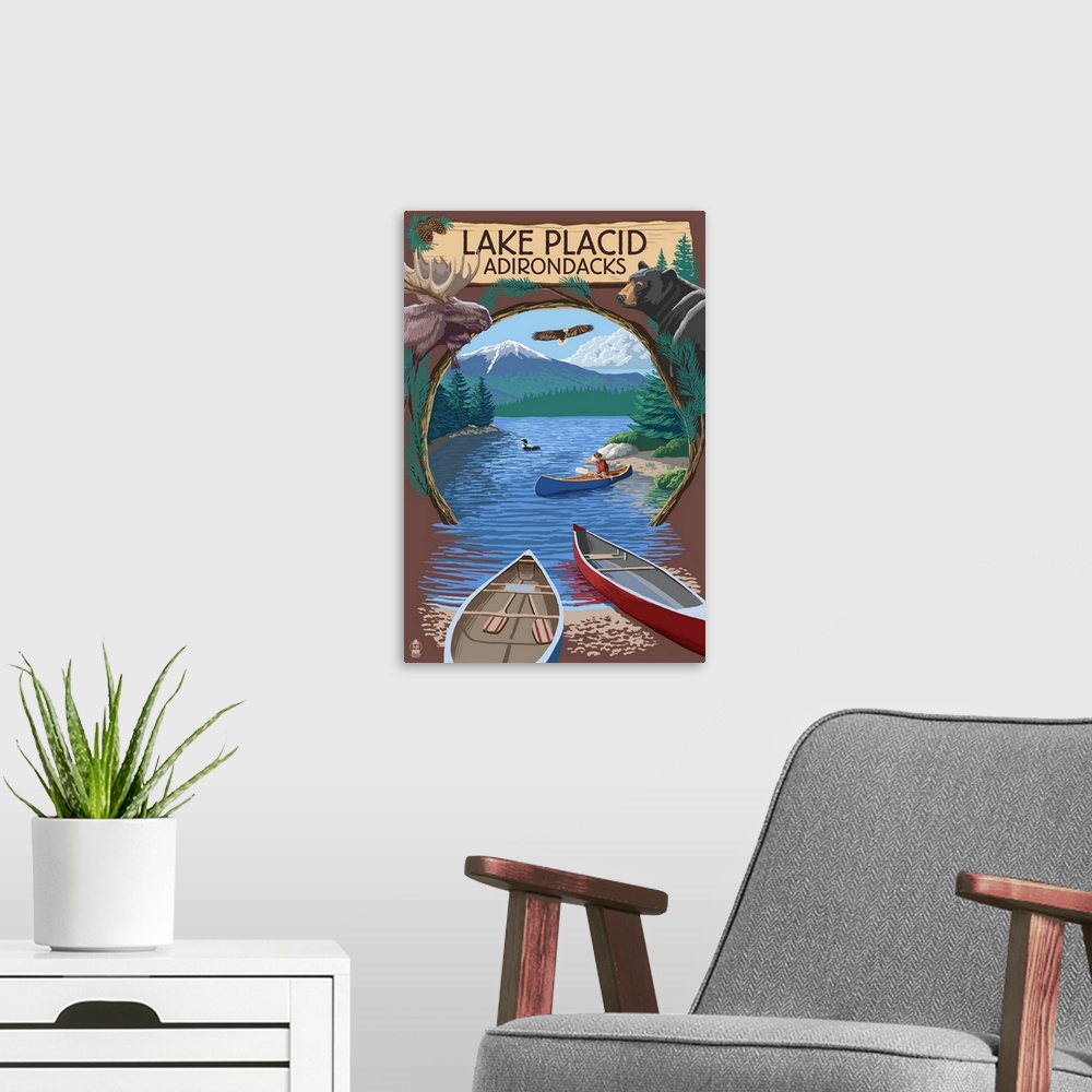 A modern room featuring Lake Placid, New York - Adirondacks Canoe Scene: Retro Travel Poster