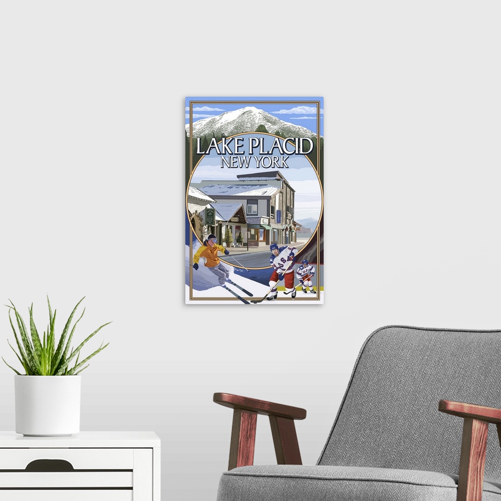 A modern room featuring Lake Placid, New York - Montage Scenes: Retro Travel Poster