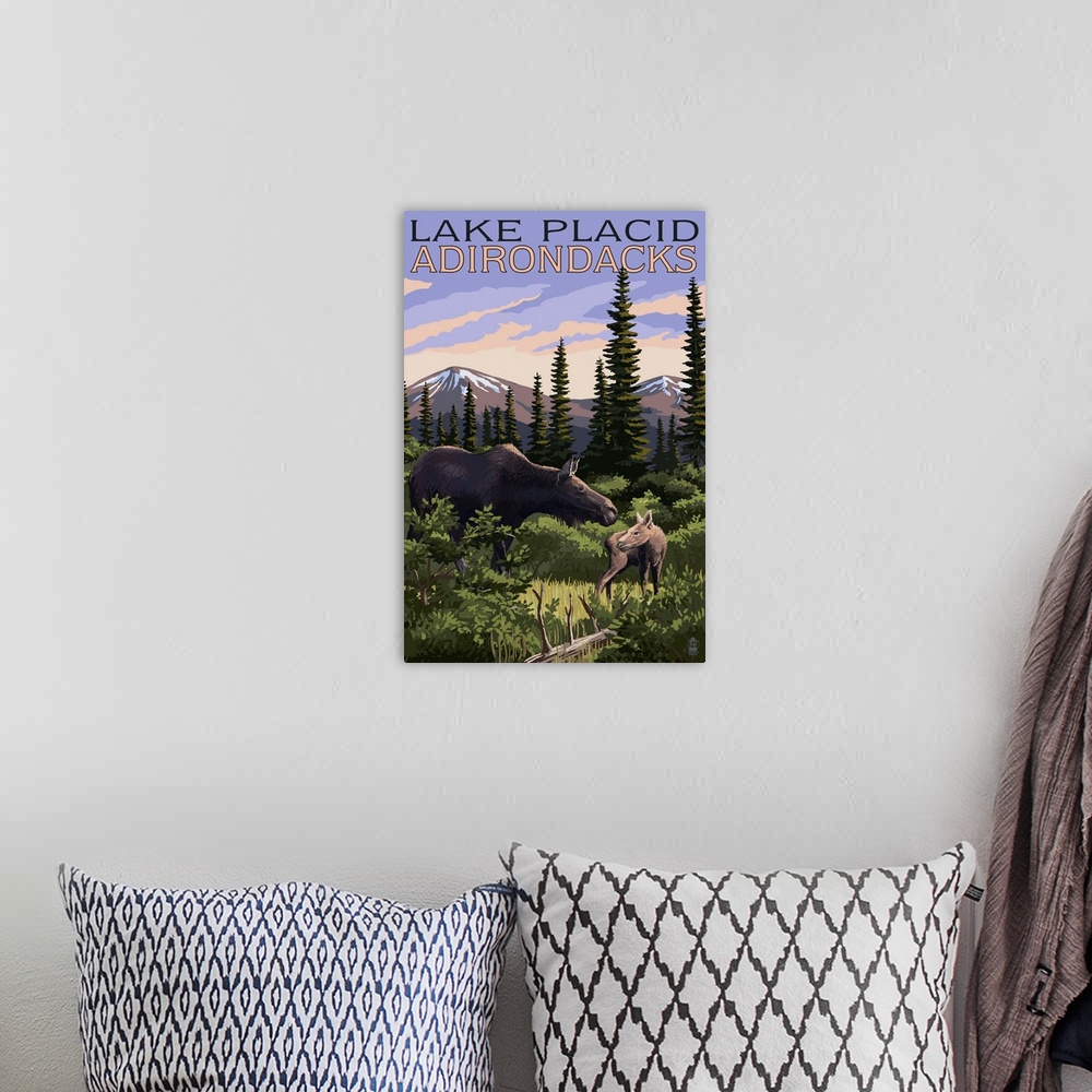 A bohemian room featuring Lake Placid, New York - Moose and Calf: Retro Travel Poster
