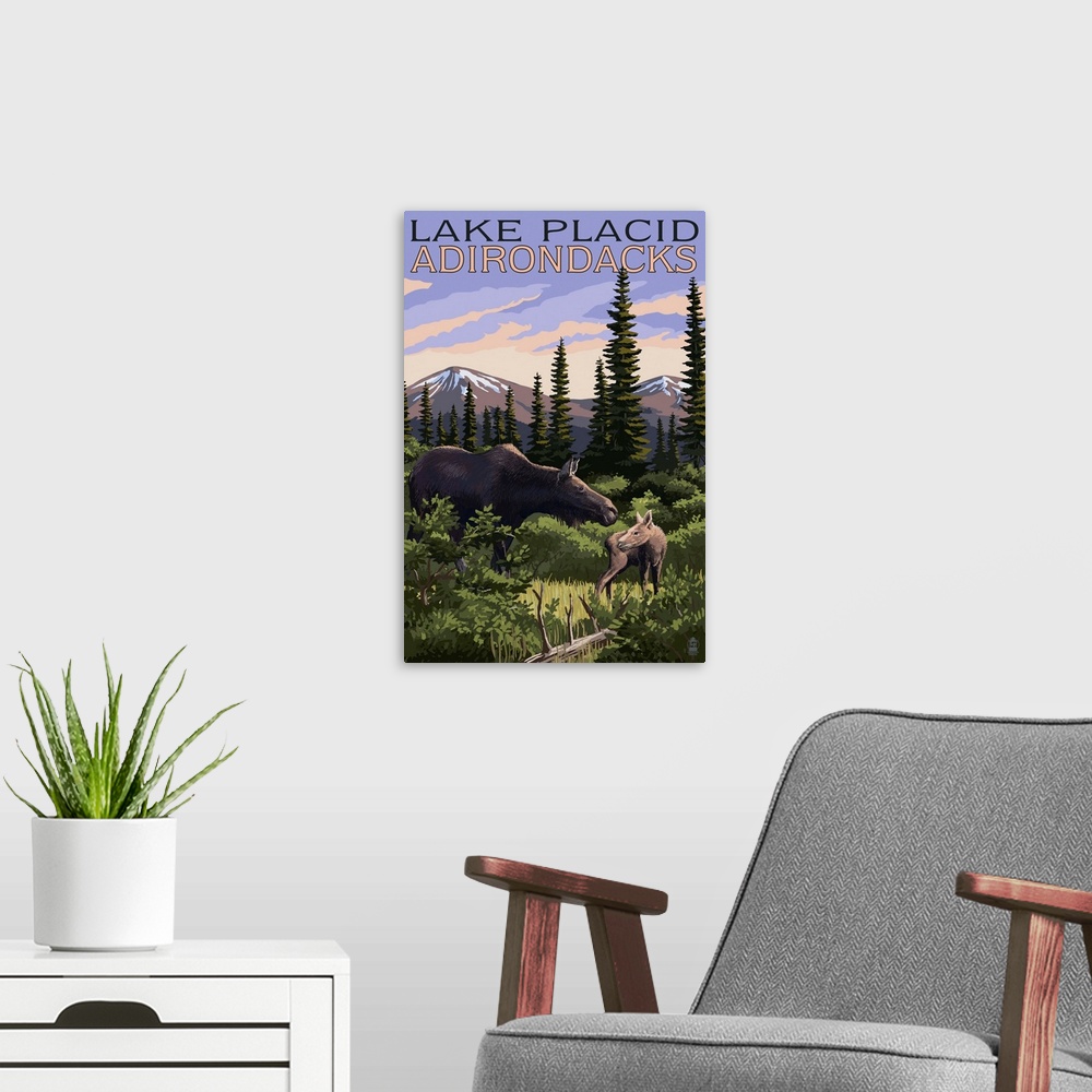 A modern room featuring Lake Placid, New York - Moose and Calf: Retro Travel Poster
