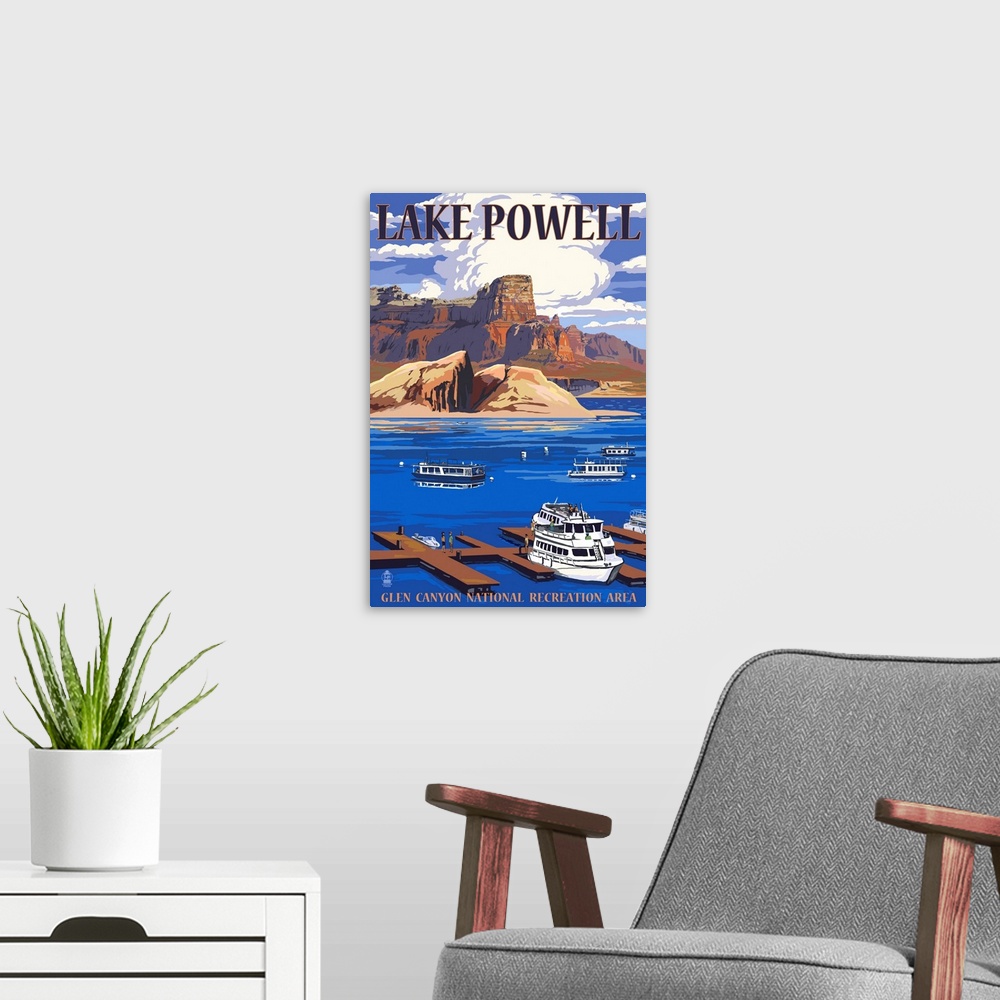 A modern room featuring Lake Powell Marina View: Retro Travel Poster