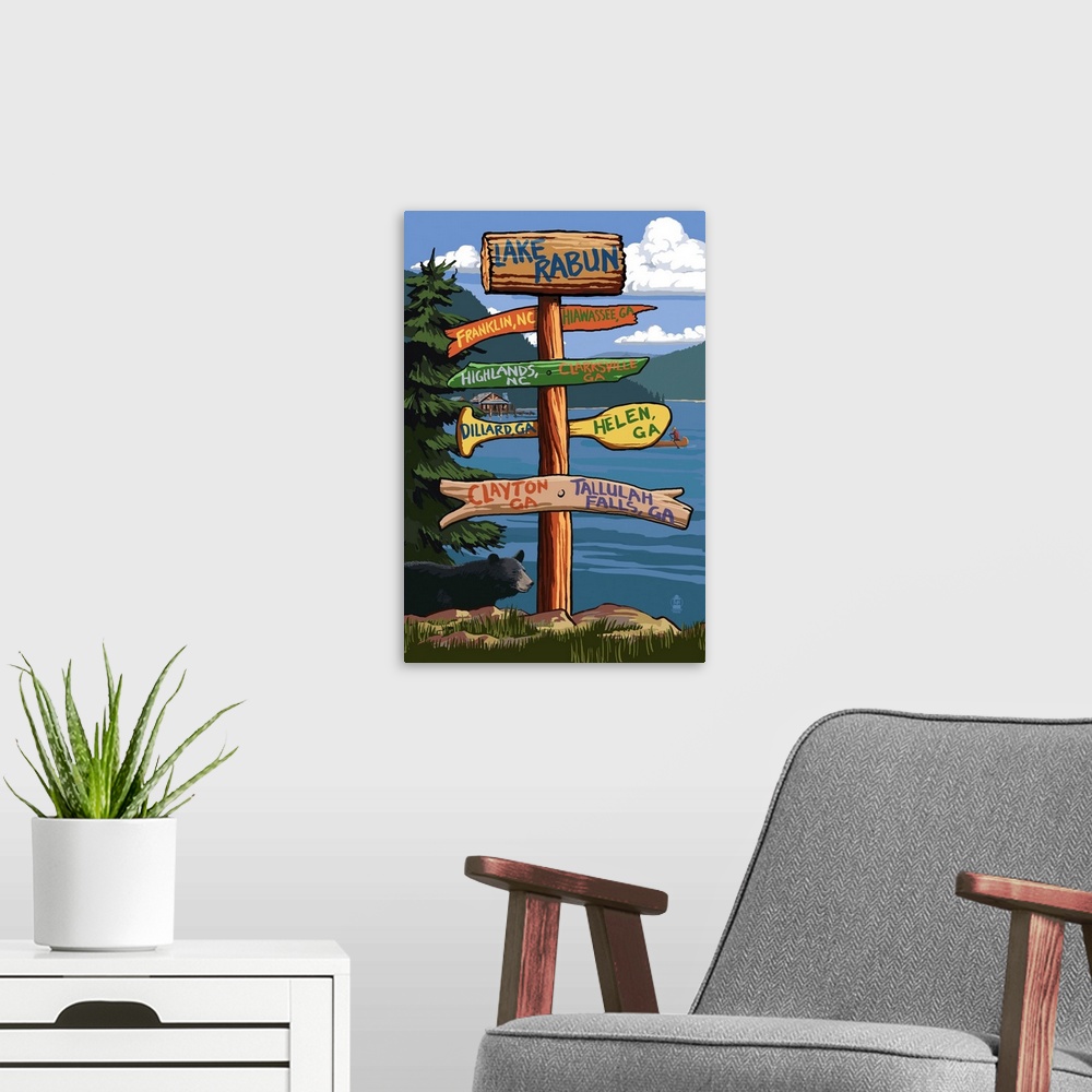 A modern room featuring Retro stylized art poster of a sign post giving different directions.