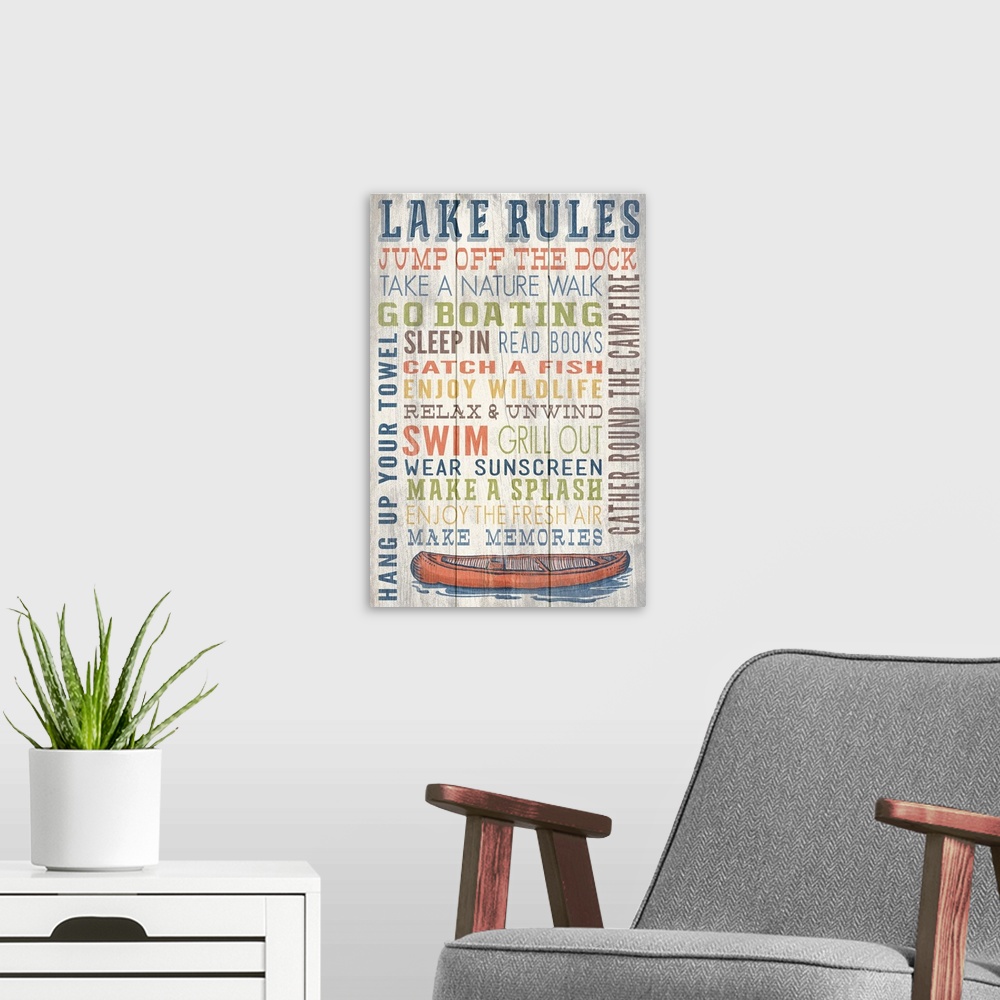 A modern room featuring Lake Rules Typography