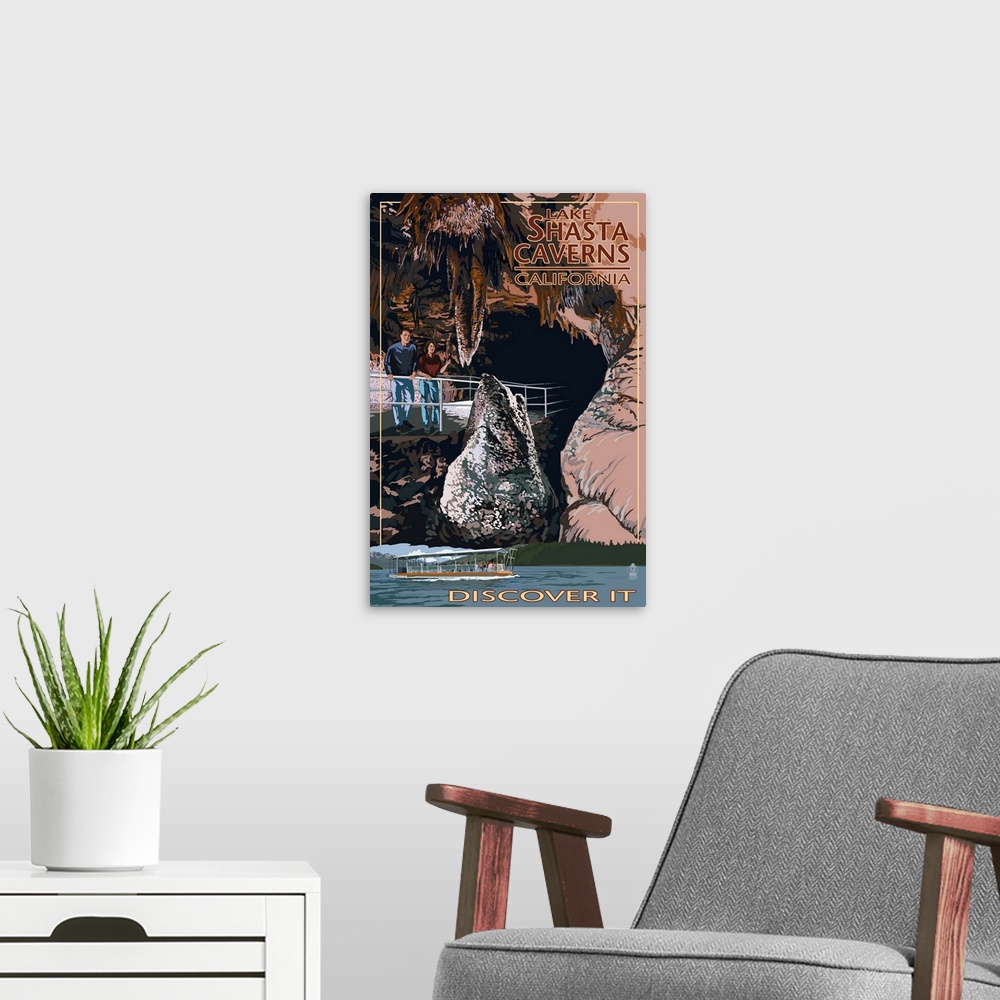 A modern room featuring Lake Shasta Caverns, California - Cave and Catamaran: Retro Travel Poster