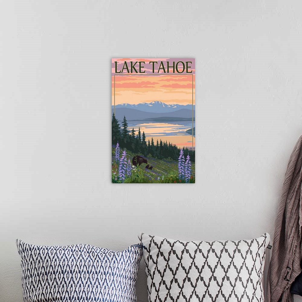 A bohemian room featuring Lake Tahoe - Bear Family and Spring Flowers: Retro Travel Poster
