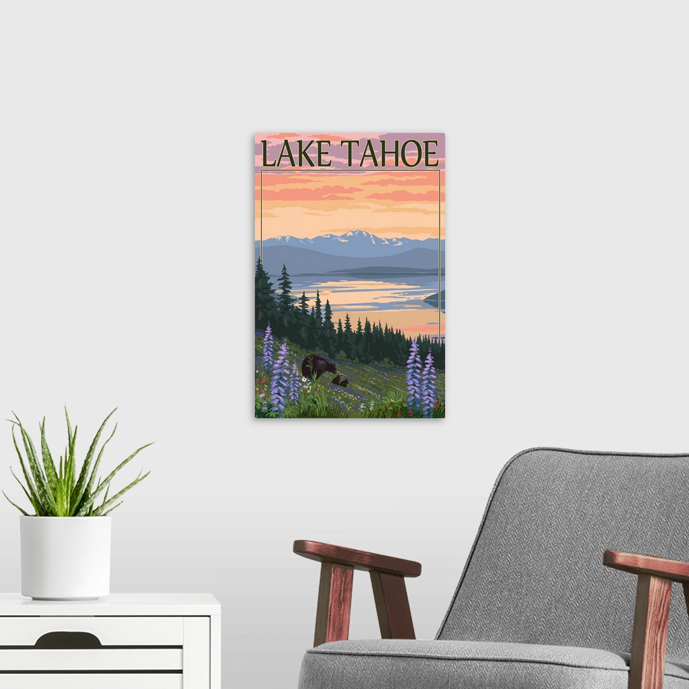A modern room featuring Lake Tahoe - Bear Family and Spring Flowers: Retro Travel Poster