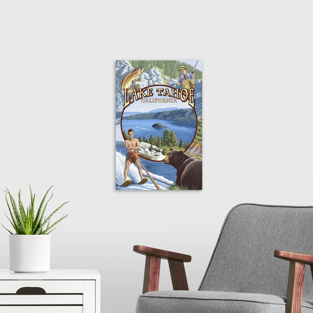 A modern room featuring Lake Tahoe, CA Summer Views: Retro Travel Poster