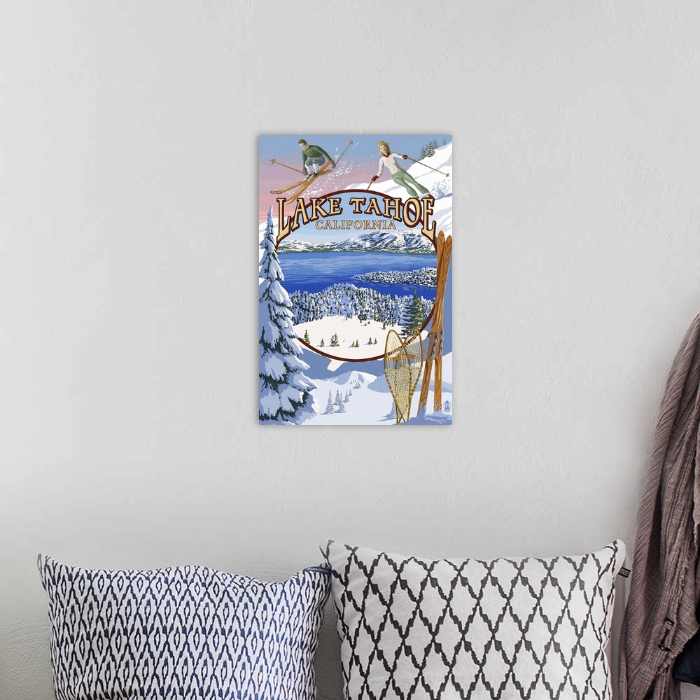 A bohemian room featuring Lake Tahoe, CA Winter Views: Retro Travel Poster