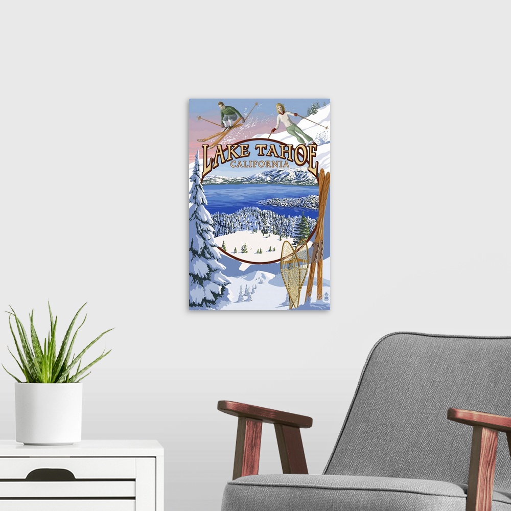 A modern room featuring Lake Tahoe, CA Winter Views: Retro Travel Poster