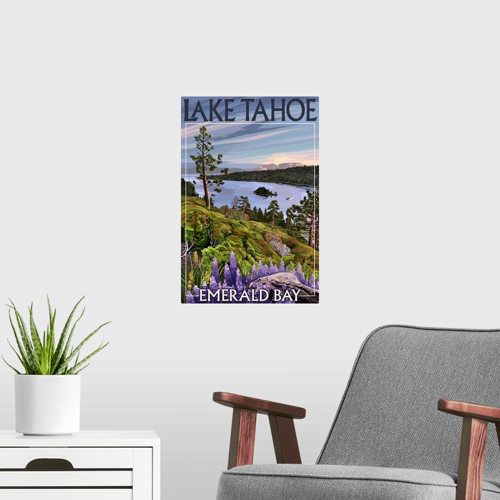A modern room featuring Retro stylized art poster of a wilderness scene. With vibrant wildflowers, and a bay in the backg...